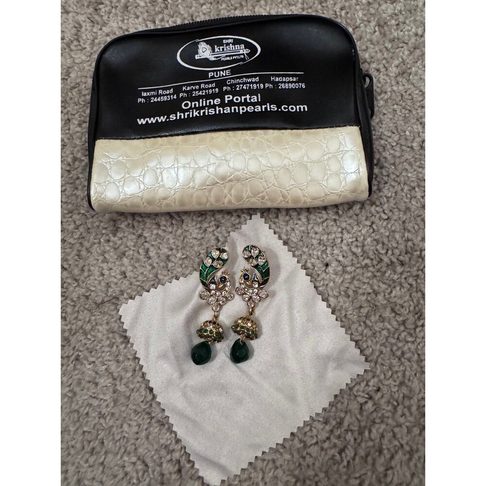 Green Kundan Peacock Earrings – Indian Jewelry, Gold Tone